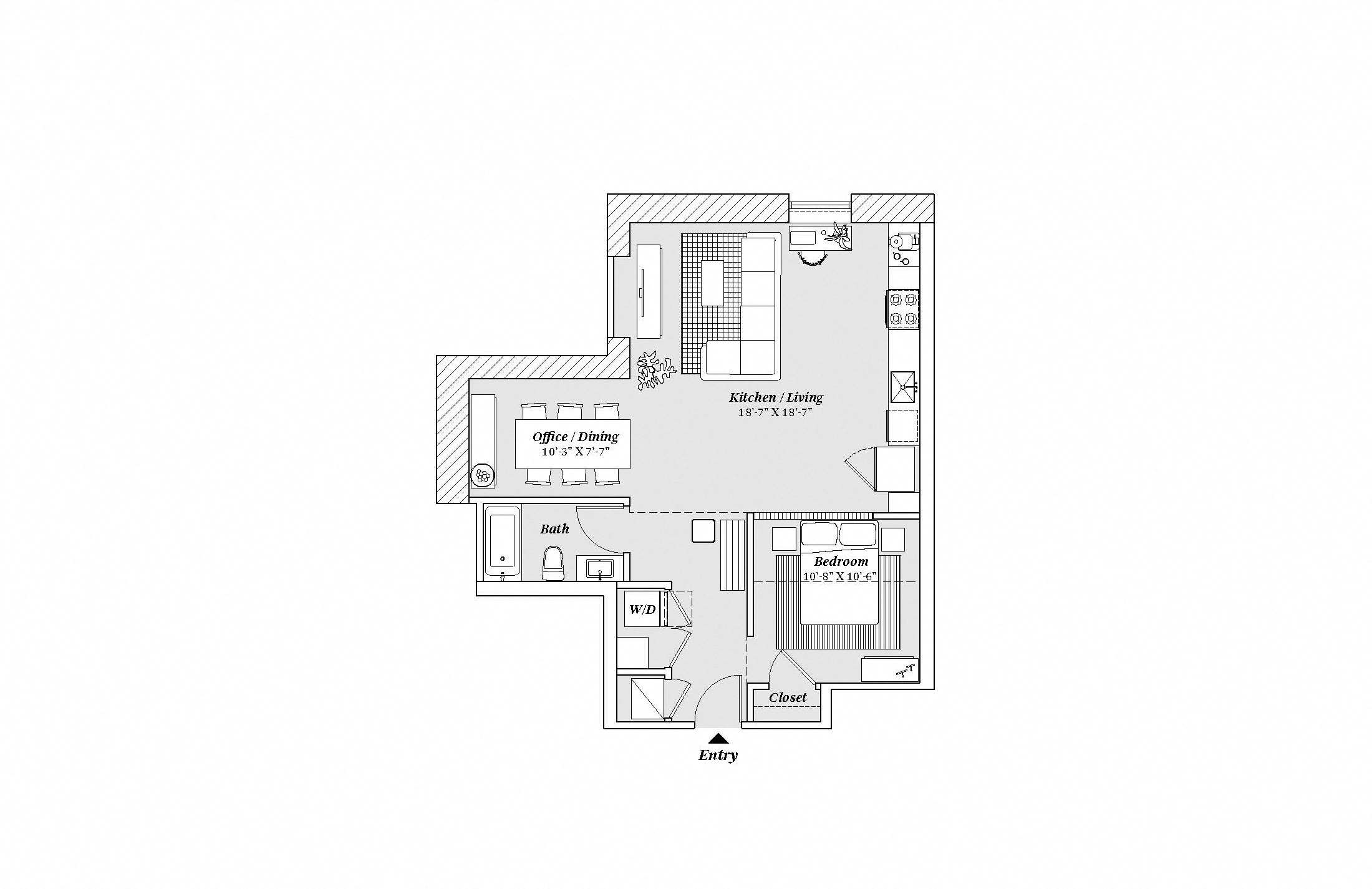 Floor plan for 1 bed, 1 bath, 809 sqft